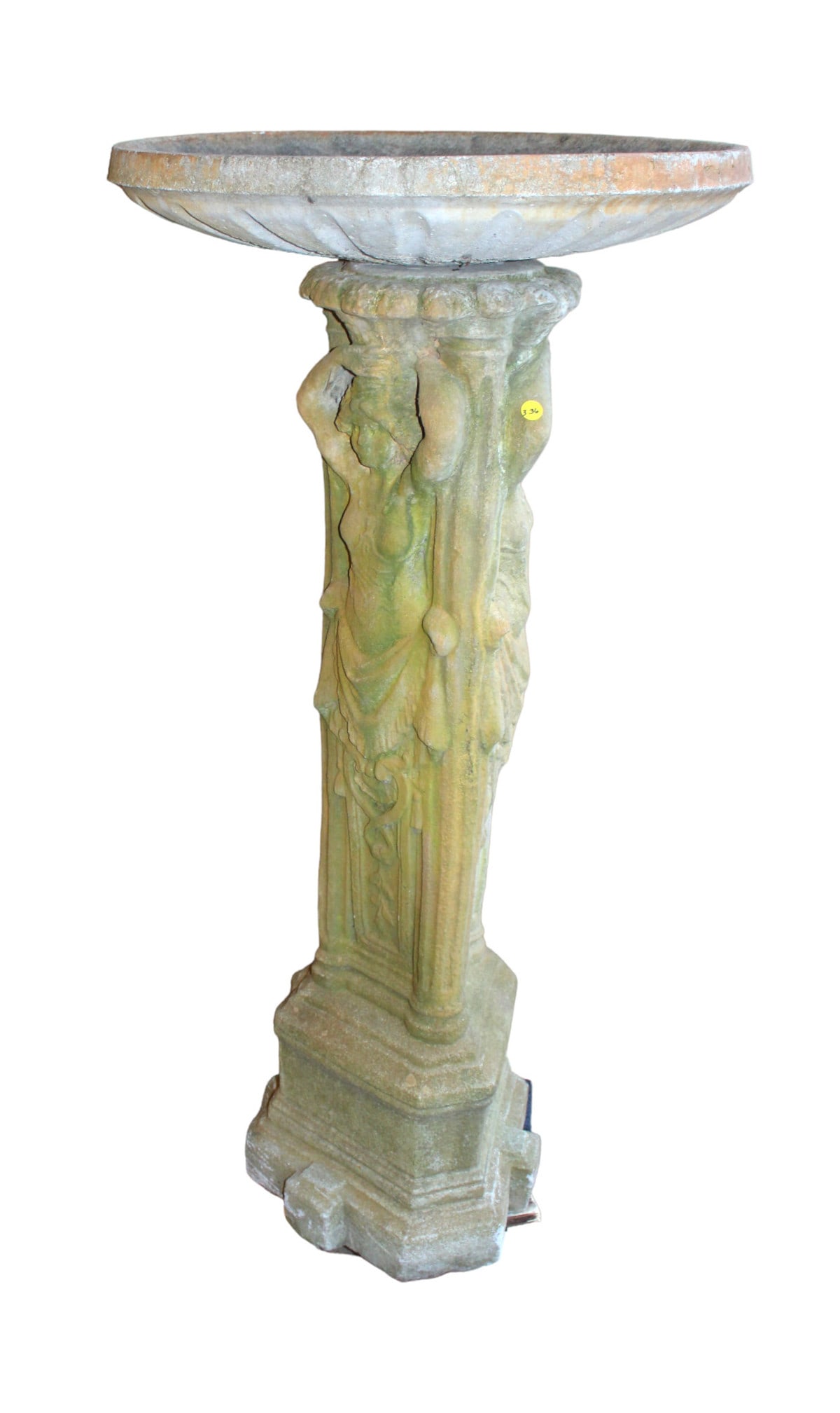 Unique 47" tall monolith garden concrete bird bath with standing ladies. 47"h x 23" dia. (1 of 6)