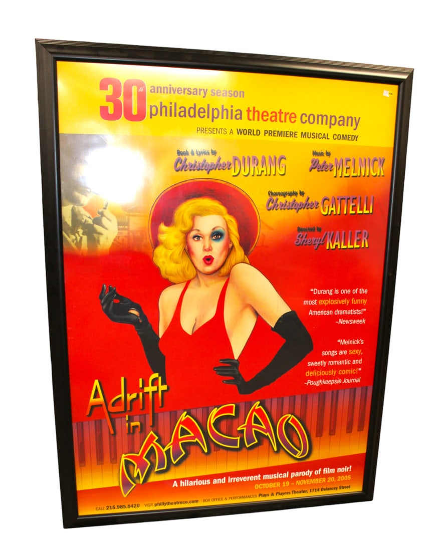 LARGE movie Adrift in Macao poster Oct/Nov 2005 30th Anniv. Season PA Theatre Co.: LARGE framed movie poster "Adrift in Macao" October and November 2005 30th Anniversary Season Philadelphia Theatre Co. Outside measures 70"h x 52"w