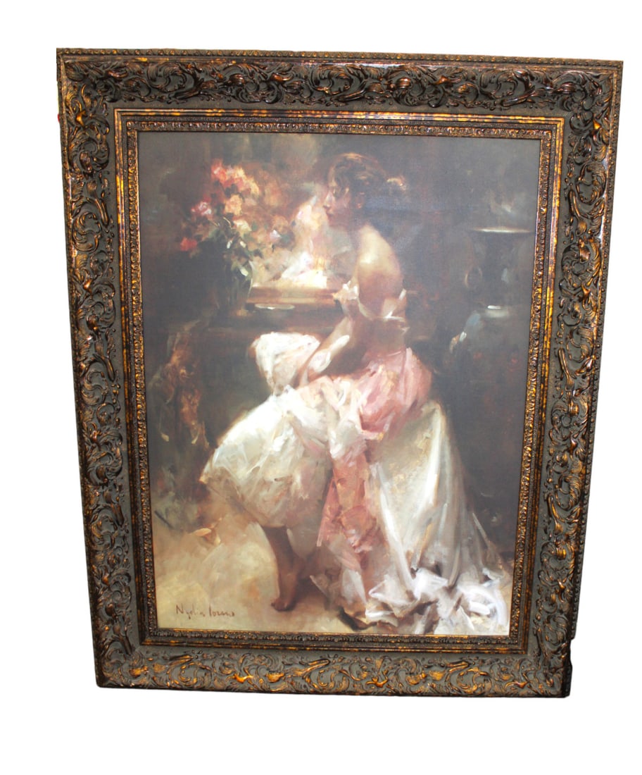 Contemporary signed Nydia Lozand oil on board in fancy composition frame: Contemporary signed Nydia Lozand oil on board in fancy composition frame, structurally sound in good condition, no noticeable issues. Outside 52"h x 41"w
