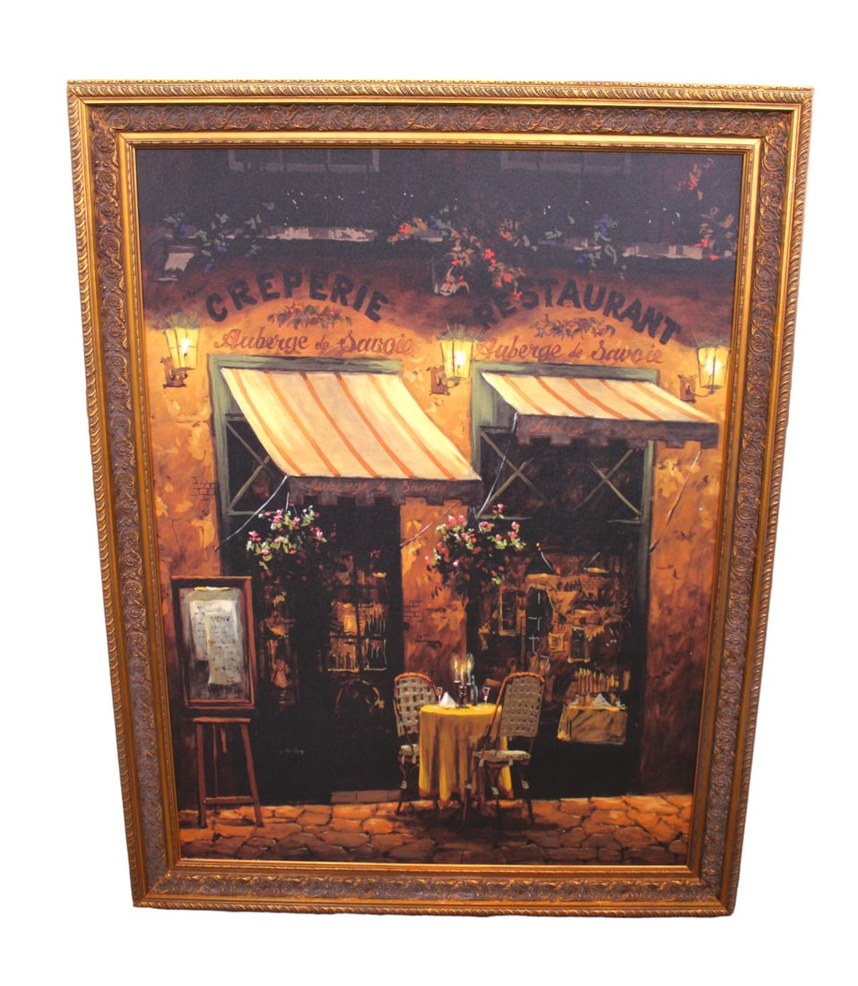 Framed oil on board of French Cafe in fancy frame: Framed oil on board of French Cafe in fancy frame. structurally sound in good condition, no noticeable issues. Outside 55"h x 43"w