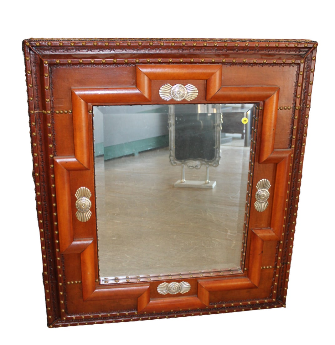 Leather wrapped decorator mirror with bronze accents (1 of 3)