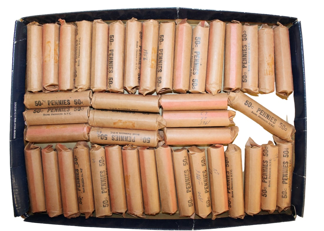42 rolls of US Pennies, various dates, some wheat (1 of 2)