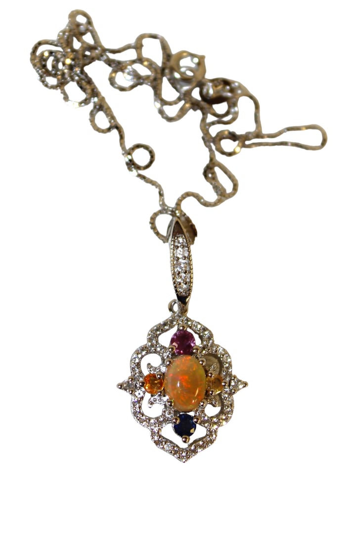 Natural fire opal and sapphire in sterling silver pendant on 18" chain (1 of 3)
