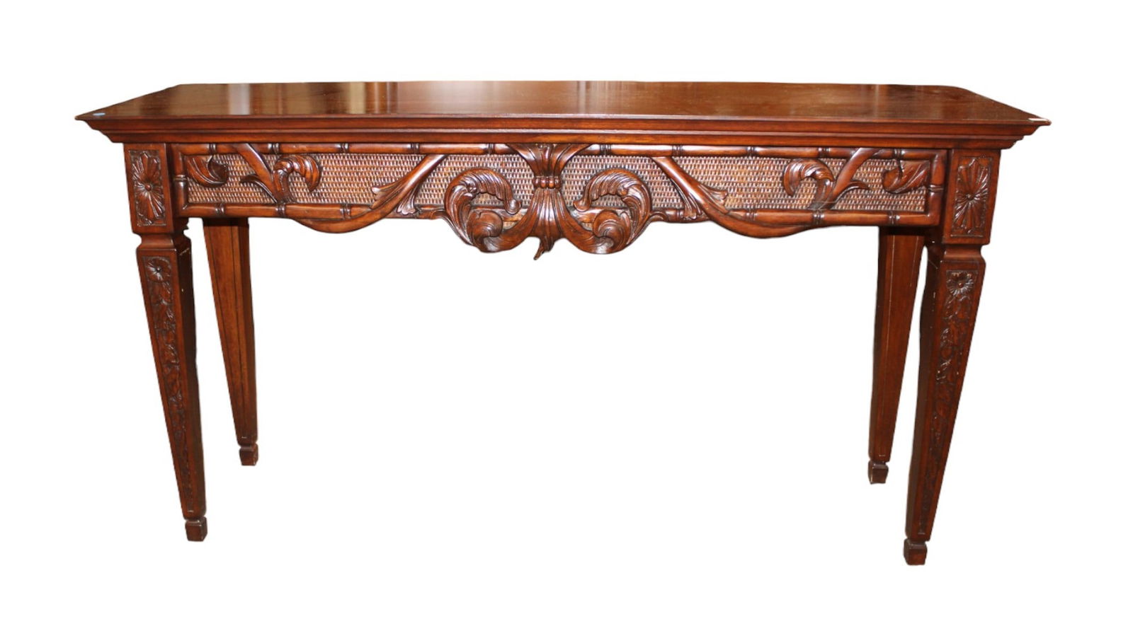 Ethan Allen carved console table - mahogany with wicker accents (1 of 7)