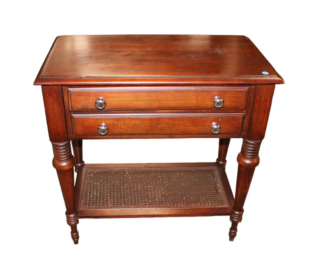 Ethan Allen Signature Coll. accent table with wicker shelf (1 of 7)