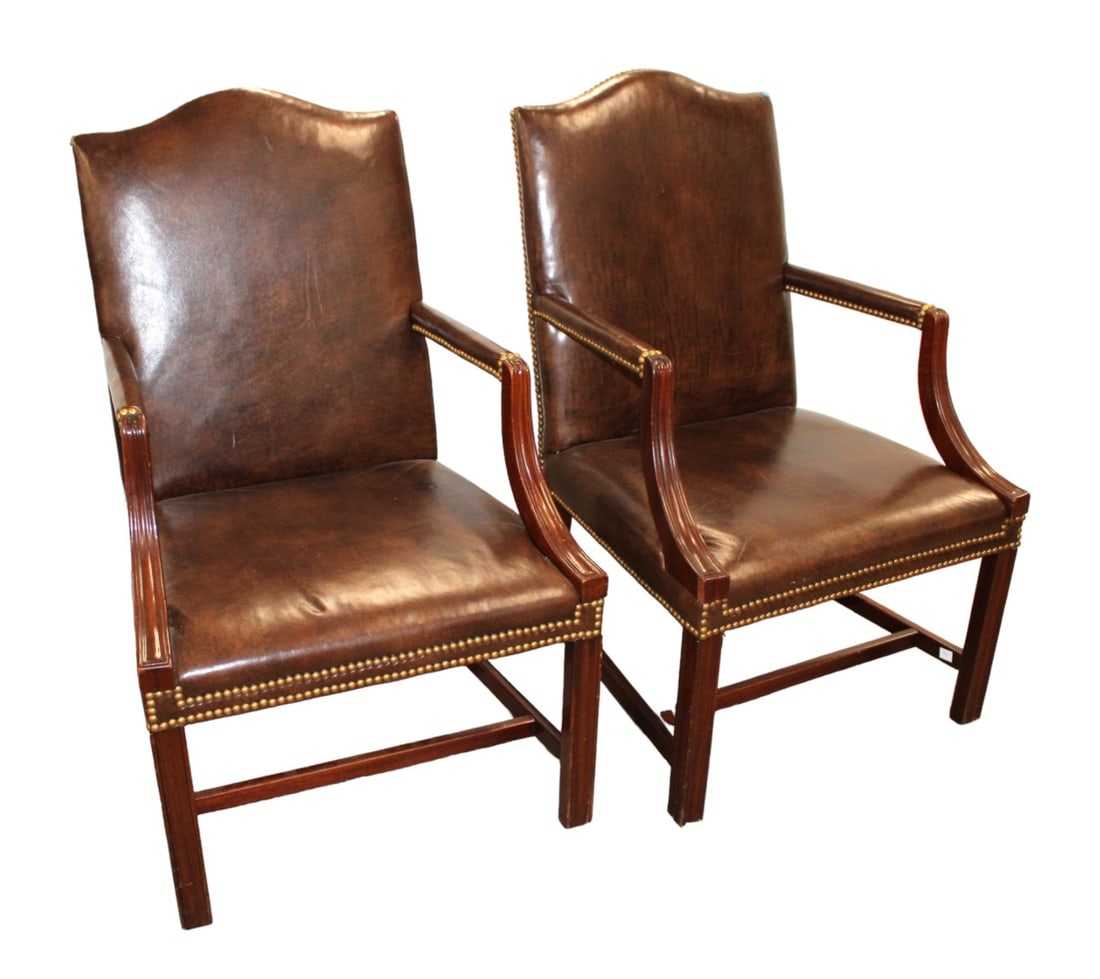 Pair Hickory Chair leather high back arm chairs (1 of 7)