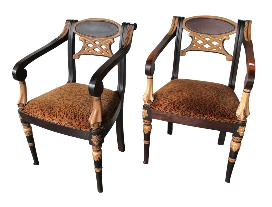 Pair animal print decorator carved arm chairs (1 of 4)