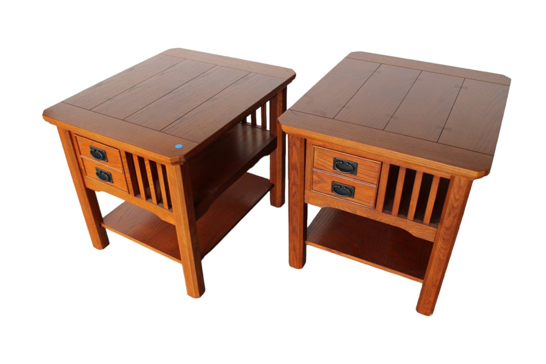 Pair mission oak bow tie inlaid end tables (1 of 5)