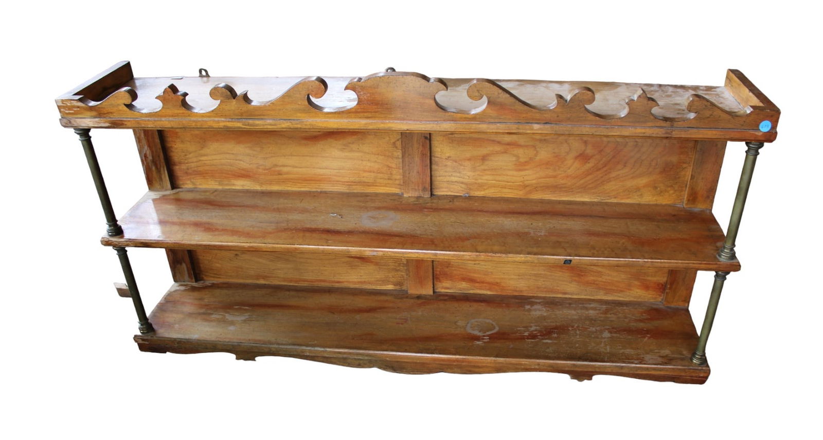 Distressed maple hanging wall shelf with brass columns (1 of 3)