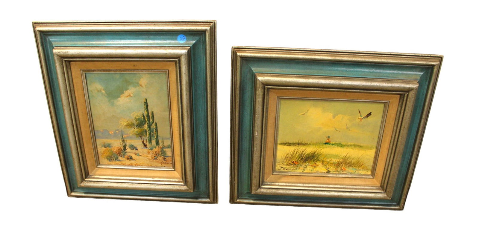 Pair MidC vintage green & silver wood frame prints, Jackson/Dressen (1 of 3)