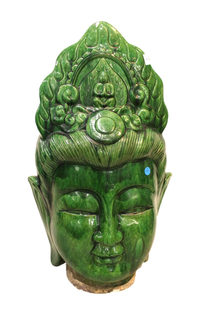 Large Asian glazed Budha head: Large Asian glazed Budha head. Structurally sound and in good condition with some chips at the bottom. See photos. 28"h x 16" diameter