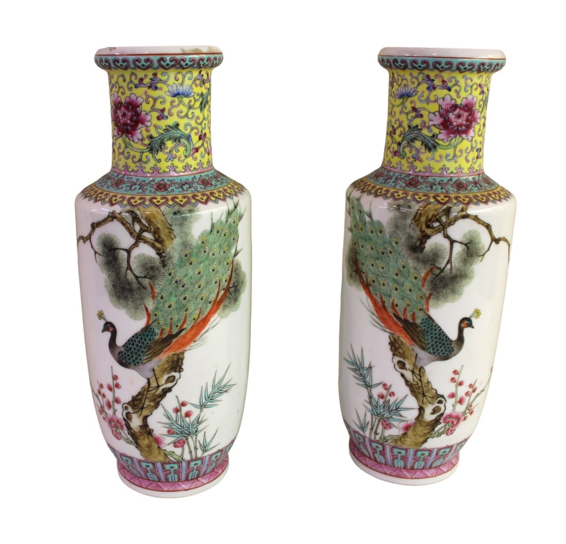 Pair signed Chinese porcelain vases with peacocks 12"h (1 of 4)
