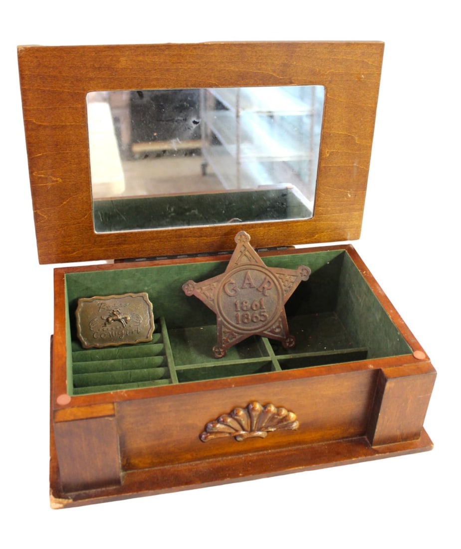 Large wooden jewelry box, belt buckle, grave yard marker 1861 1865 (1 of 5)
