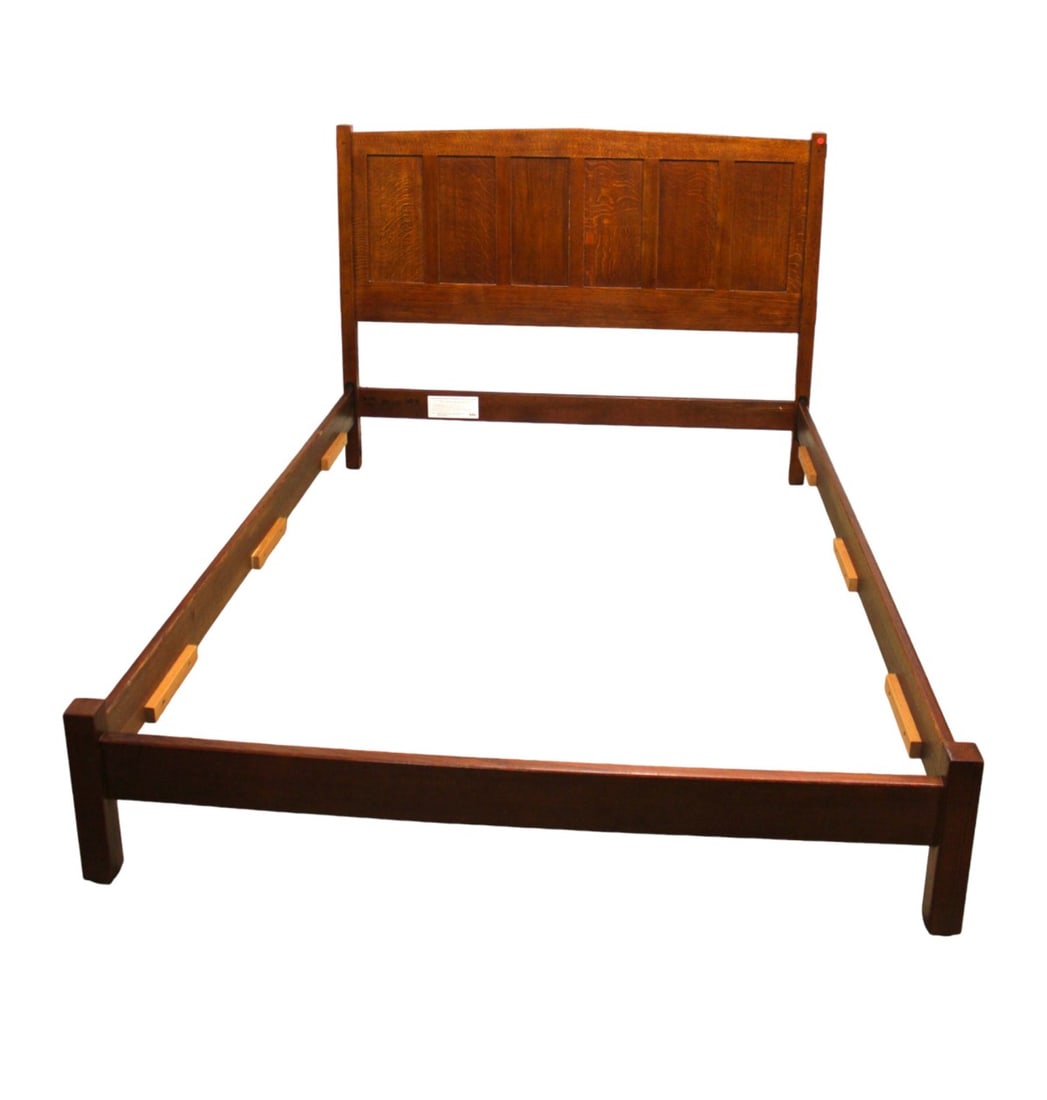 Stickley mission oak queen size bed with rails, paneled head board, original finish (1 of 8)