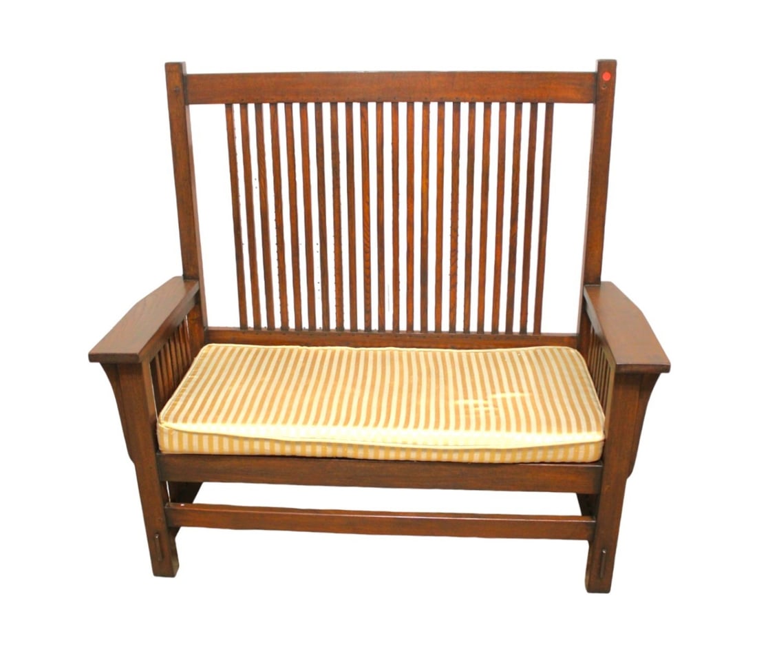 Stickley mission oak high back settee with slatted back and sides (1 of 9)
