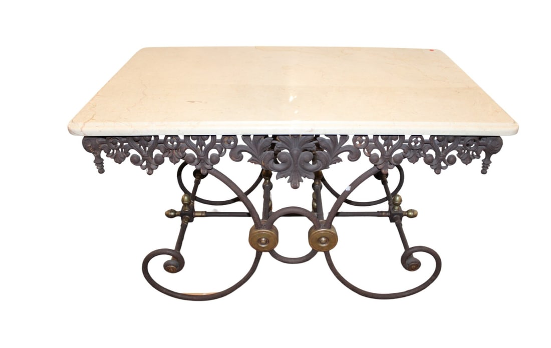 Granite top cast iron & brass bakers table with elaborate fret work (1 of 6)