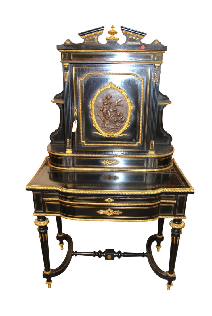 Antique ebonized renaissance secretary, birdseye maple interior (1 of 13)