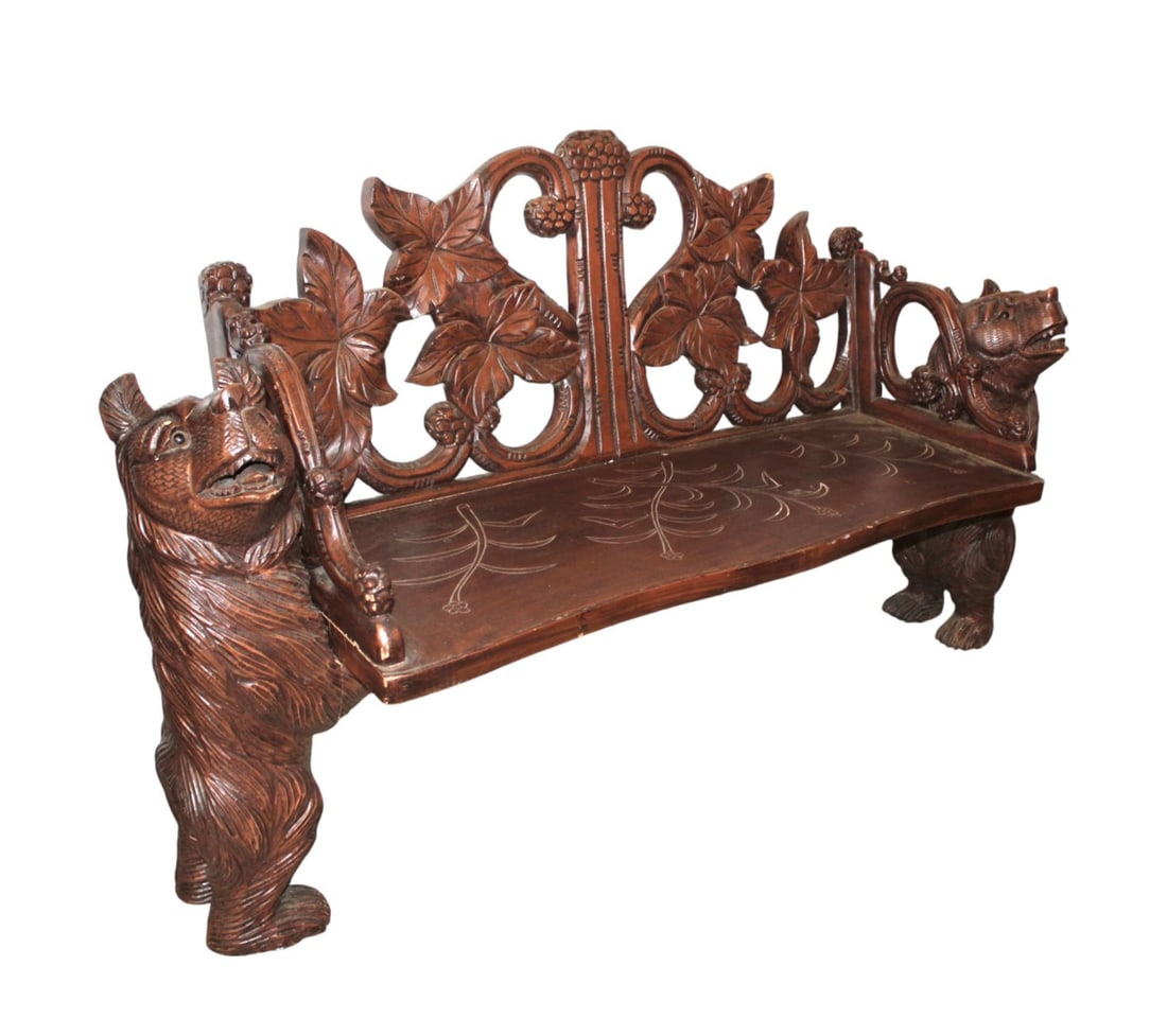 3 part black forest carved glass eye bear bench -nice size (1 of 7)