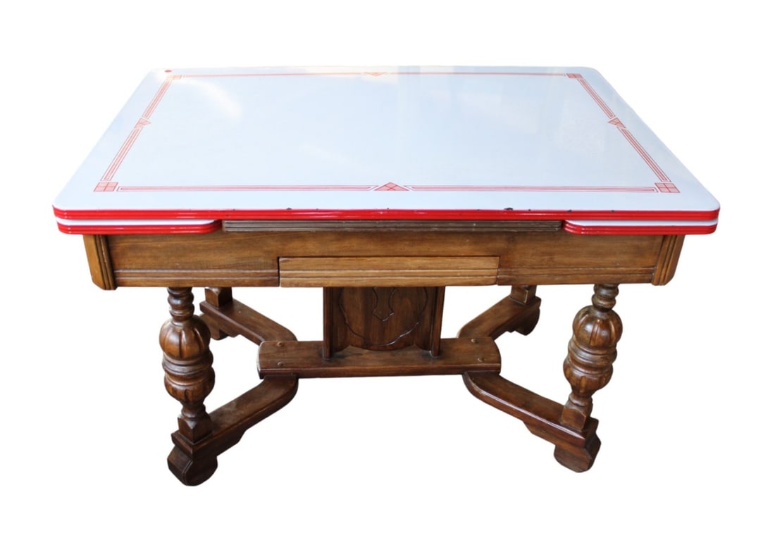 Antique porcelain top refectory kitchen table: Antique porcelain top refectory kitchen table. Structurally sound with original finish. 32"h x 48"l x 32"w opens to 72"