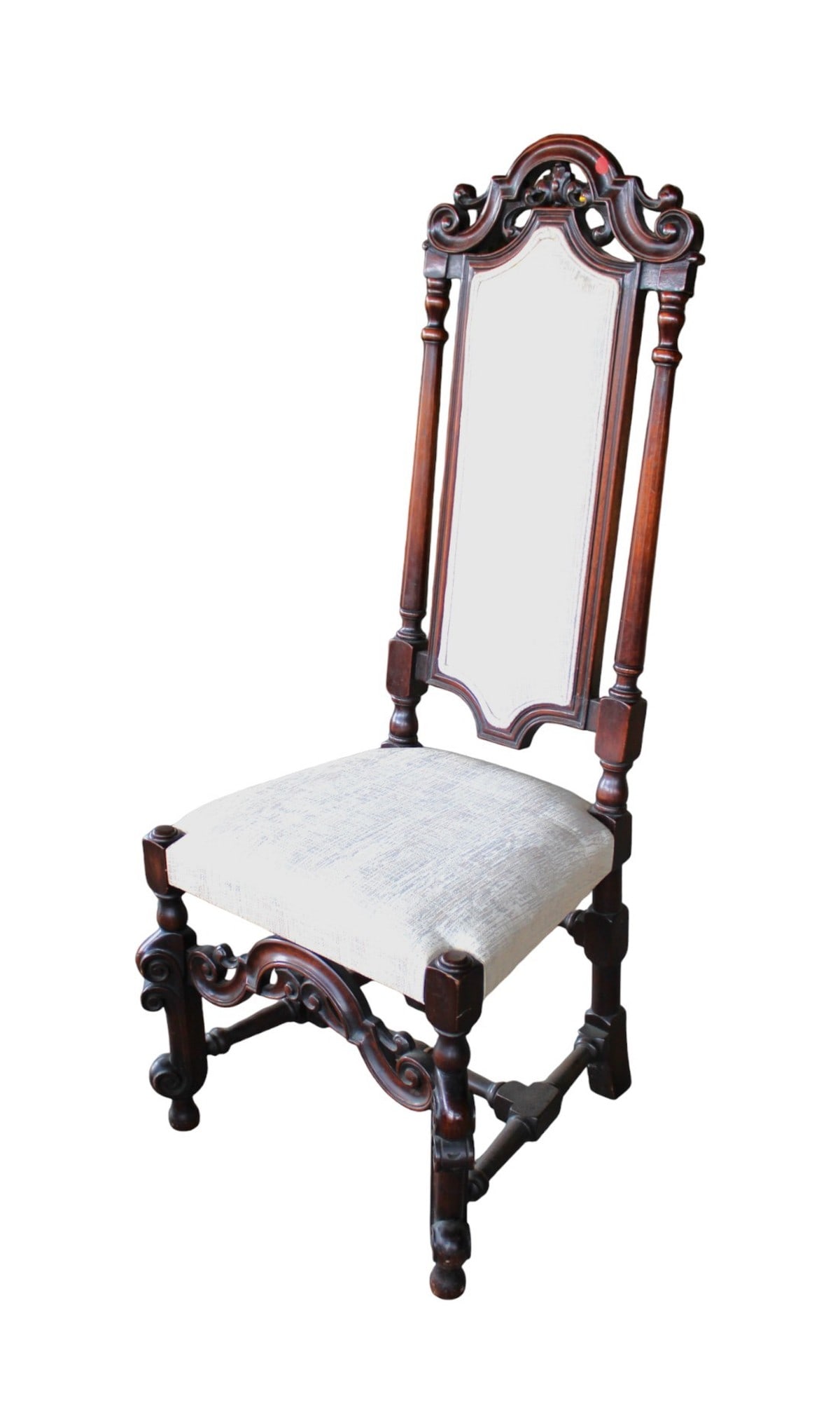 Vintage William and Mary Walnut side chair: Vintage William and Mary Walnut side chair. Structurally sound with original finish. Upholstery looks good. 50"h x 21"w x 18"d seat height of 19"