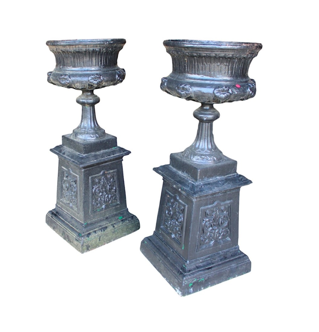 Nice pair semi antique cast aluminum garden urns 48"h x 18" x 18" (1 of 6)