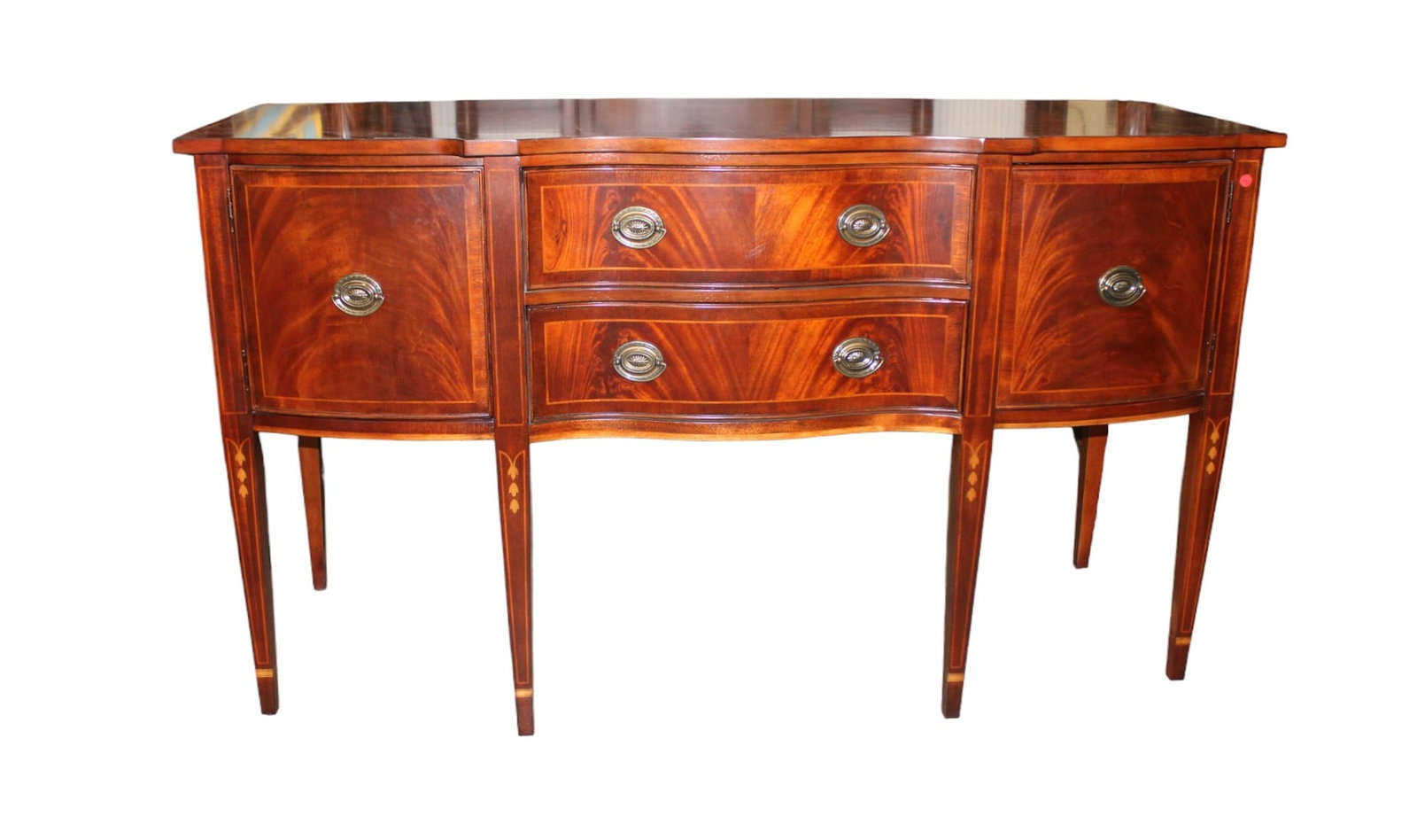 Beautiful quality bell flower inlaid buffet, like new: Beautiful quality burl mahogany bell flower inlaid buffet in like new condition. Dovetail construction. No name found. Structurally sound, no noticeable issues. 38"h x 67"l x 26"d