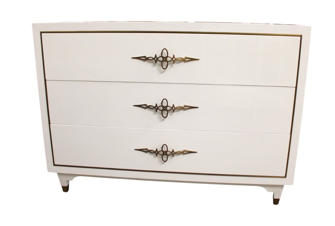 New Allegra dresser, white lacquer, Alden Parks: Quality new Allegra 3 drawer dresser in white lacquer by Alden Parks. Structurally sound and in good condition, no noticeable issues. 35"h x 48"l x 22"d