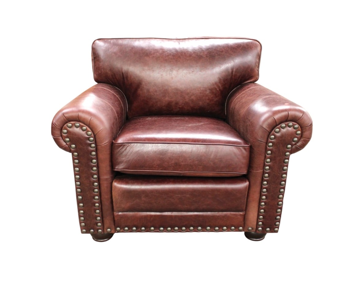 New Lea Unlimited Hardwick leather chair - Quality. (matches lot 283): New Lea Unlimited Hardwick leather chair. Quality. (matches lot 283) Structurally sound and in good condition, no noticeable issues. 35"h x 43"l x 38"d seat height of 21"