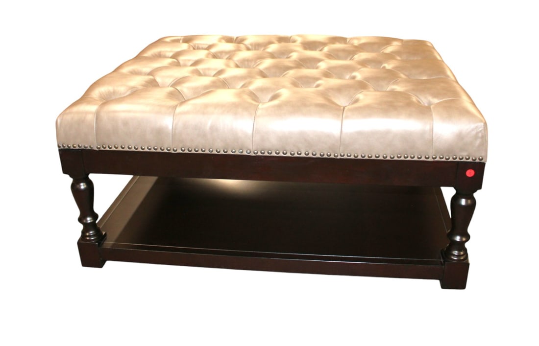 New Lea Unlimited button tuft leather ottoman -  mahogany base. Quality (1 of 4)