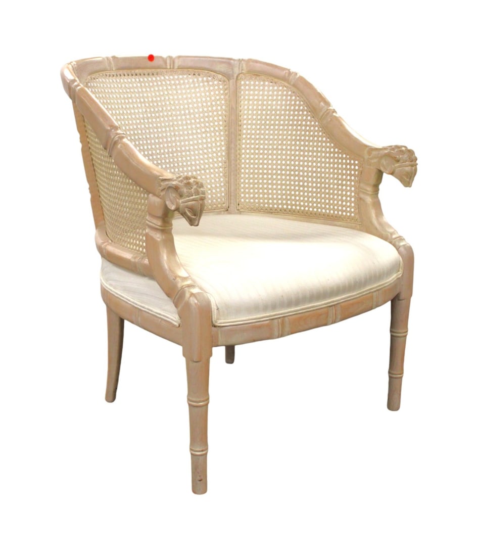 Rams head caned & upholstered arm chair in a white wash wood: Rams head caned and upholstered arm chair in a white wash wood. Structurally sound and in good condition, no noticeable issues. 33"h x 27"w x 27"d seat height 16"