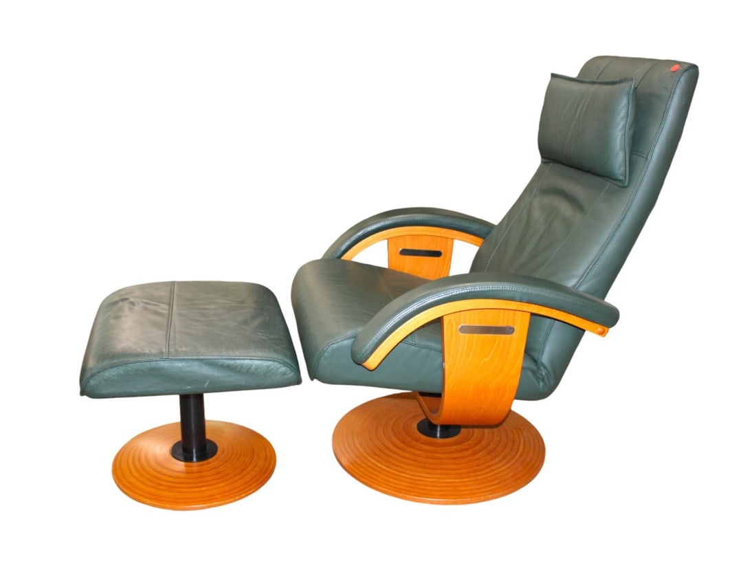 MCM leather 2 piece lounge chair & ottoman, laminated teak frame (matches lot 299) (1 of 7)