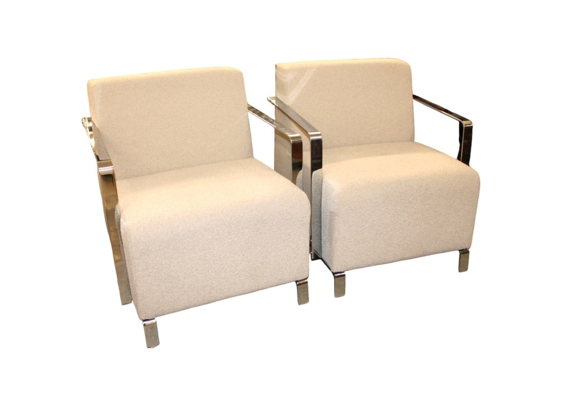 Pair modern upholstered decorator club chairs - laminated teak back (1 of 5)