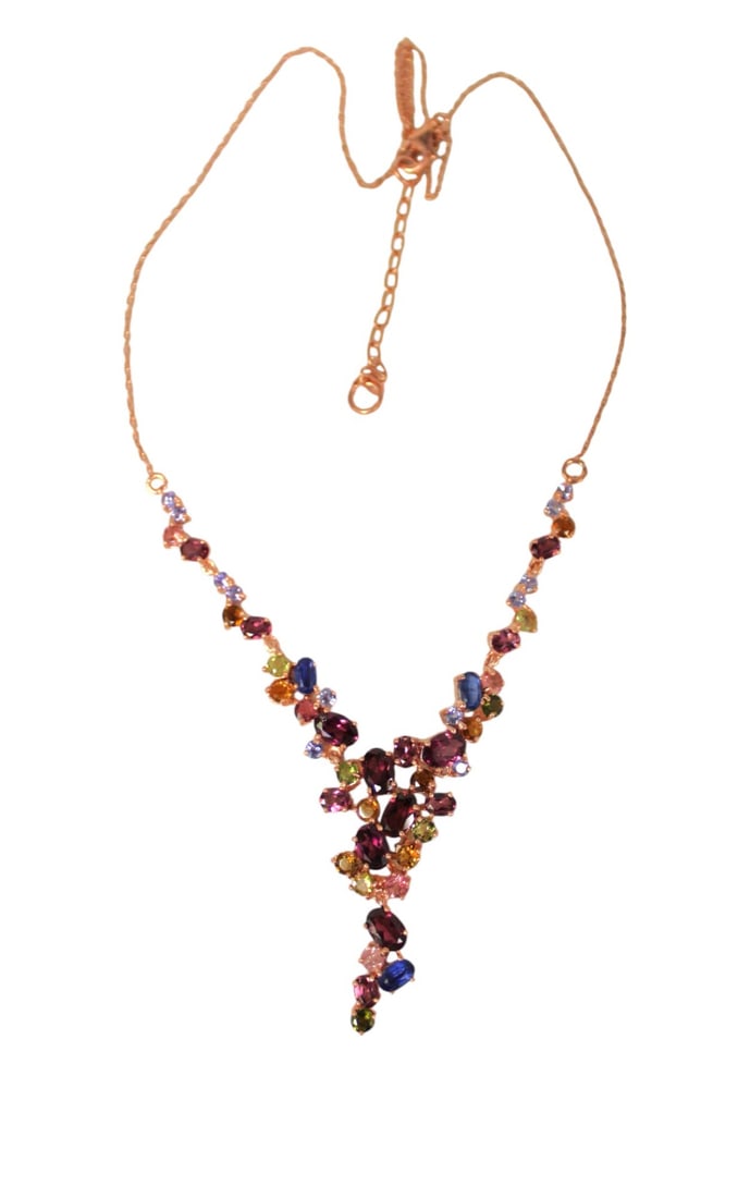 Natural rhodolite garnet, kyanite, tanzanite, tourmaline necklace 14k rose gold / SS: Natural rhodolite garnet, kyanite, tanzanite and tourmaline necklace in 14k rose gold over sterling silver, 18-20
