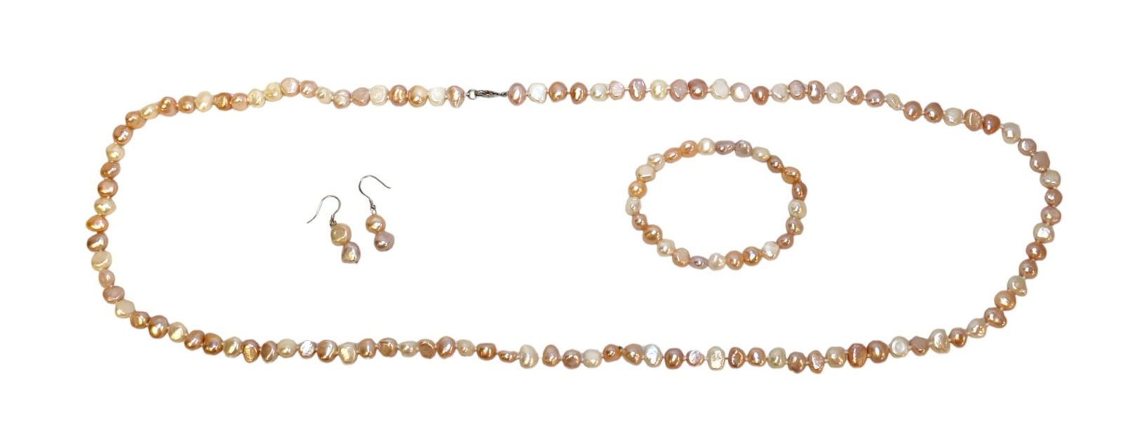 3 piece pink baroque cultured freshwater necklace, bracelet and dangle earrings 7-10mm (1 of 4)