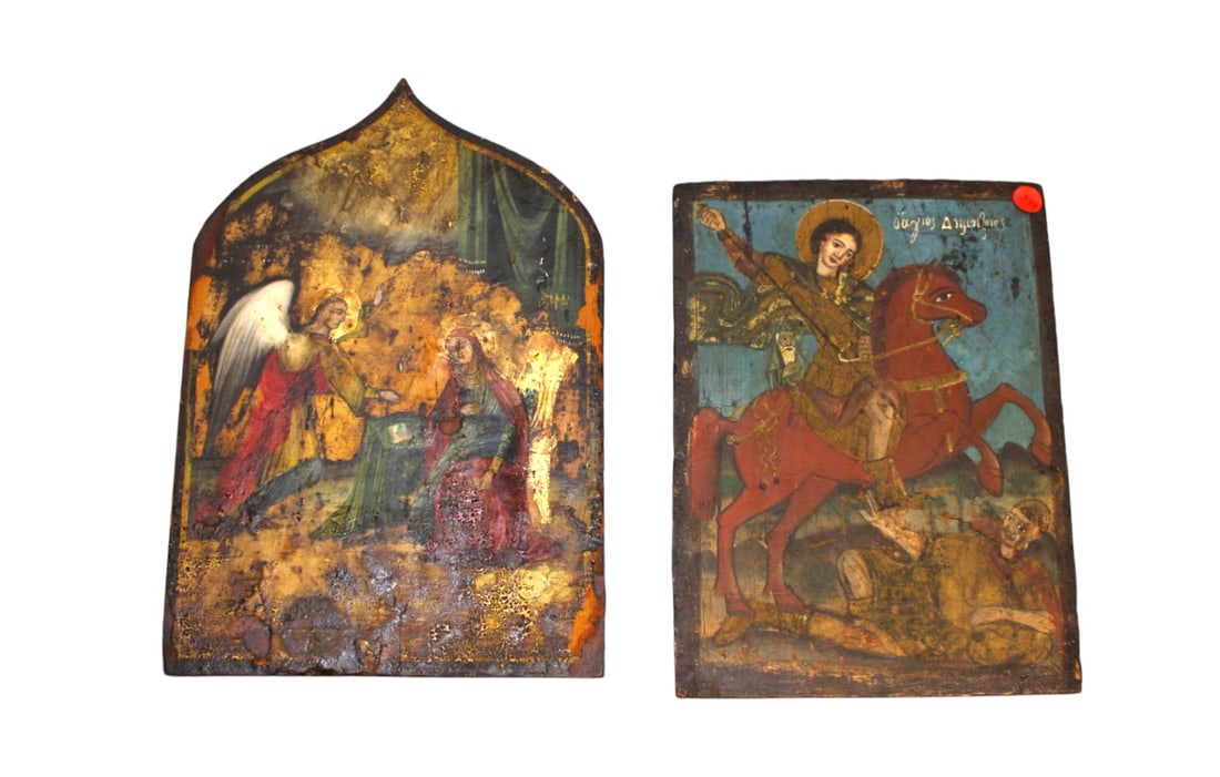 2 antique religious icons on wood. 15"h x 10"w (1 of 7)
