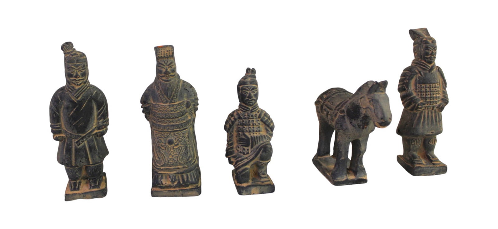 5 terracotta figures, largest 5": 5 terracotta figures, various heights and sizes. Structurally sound and in good condition, no noticeable issues seen. Largest 5"