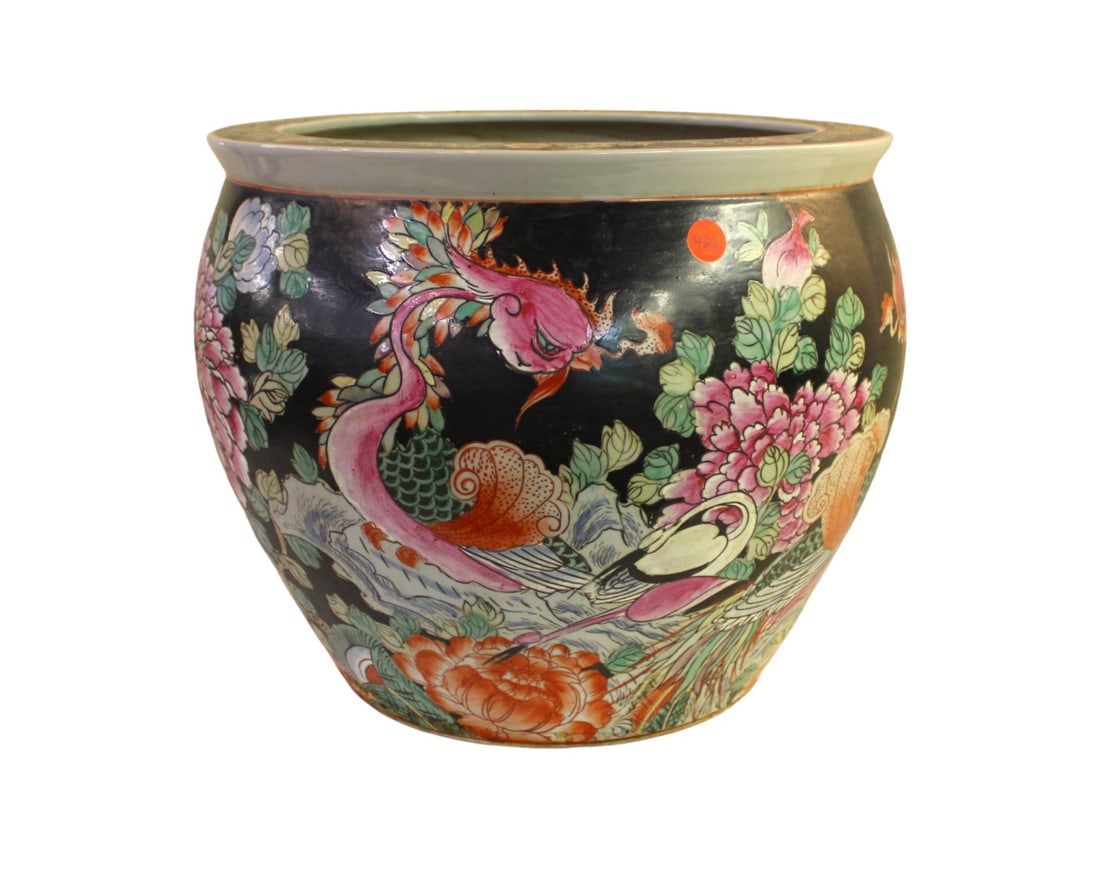 Asian porcelain planter with koi fish decorated 12"h x 16" diameter (1 of 4)