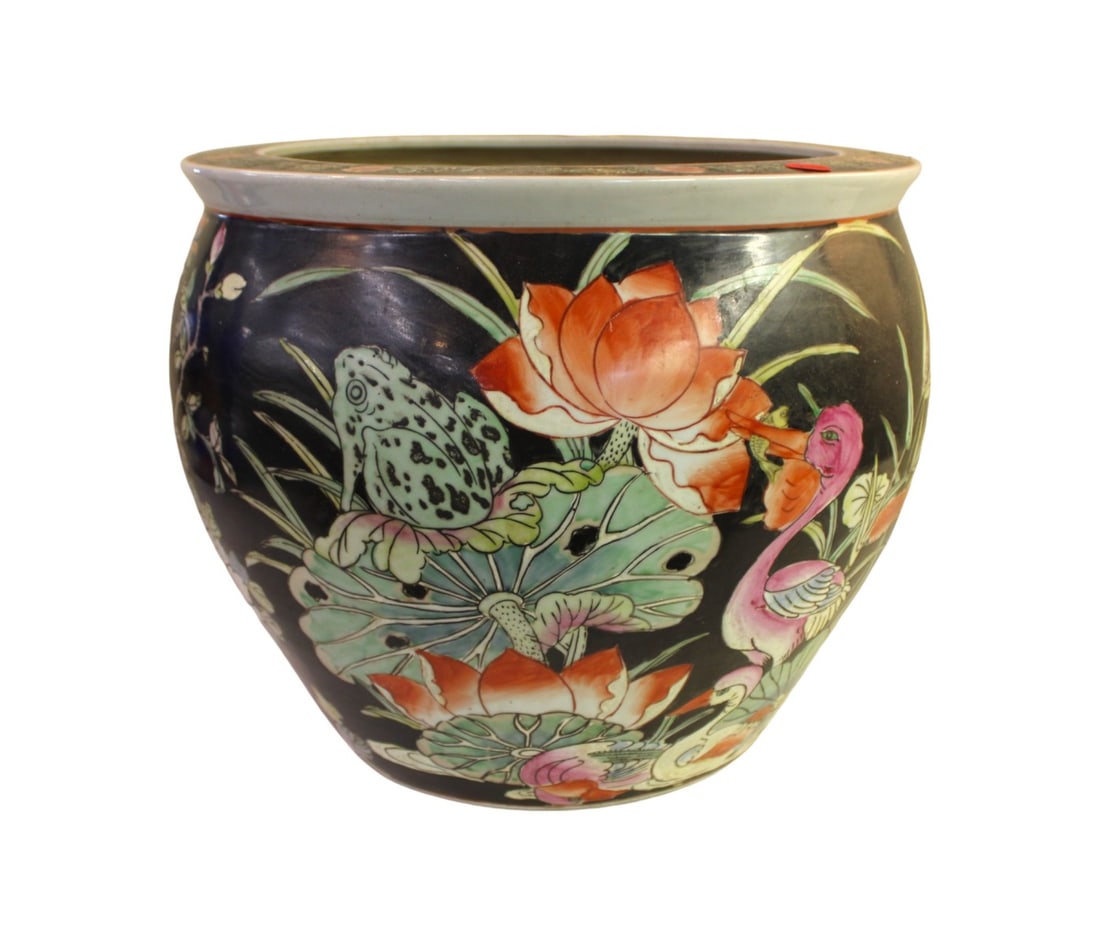 Asian porcelain planter with koi fish decorated 12"h x 16" diameter (1 of 4)