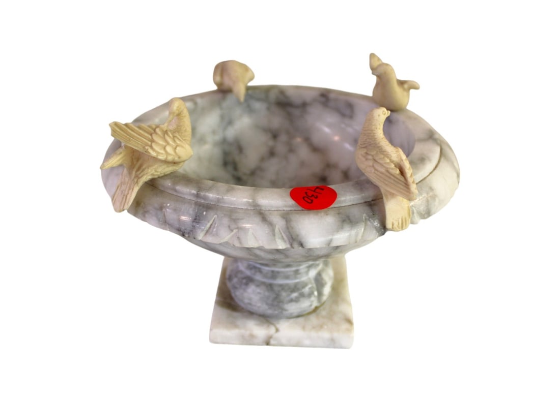 Marble table top decorative bird bath, carved comp. birds 6"h x 7" diameter (1 of 4)