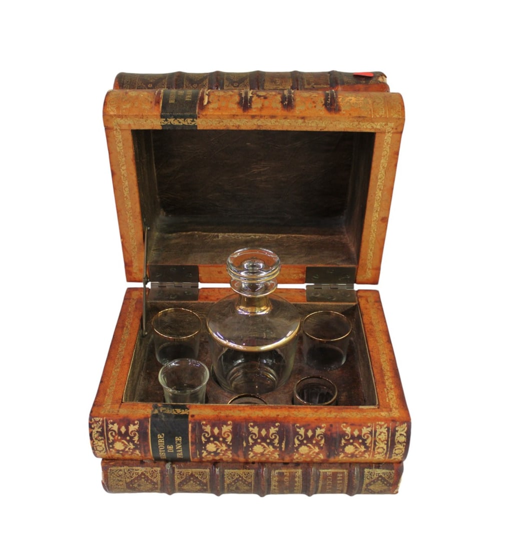 Faux book box liquor decanter set, set is not all matching. 8"h x 10"w x 8"d (1 of 5)