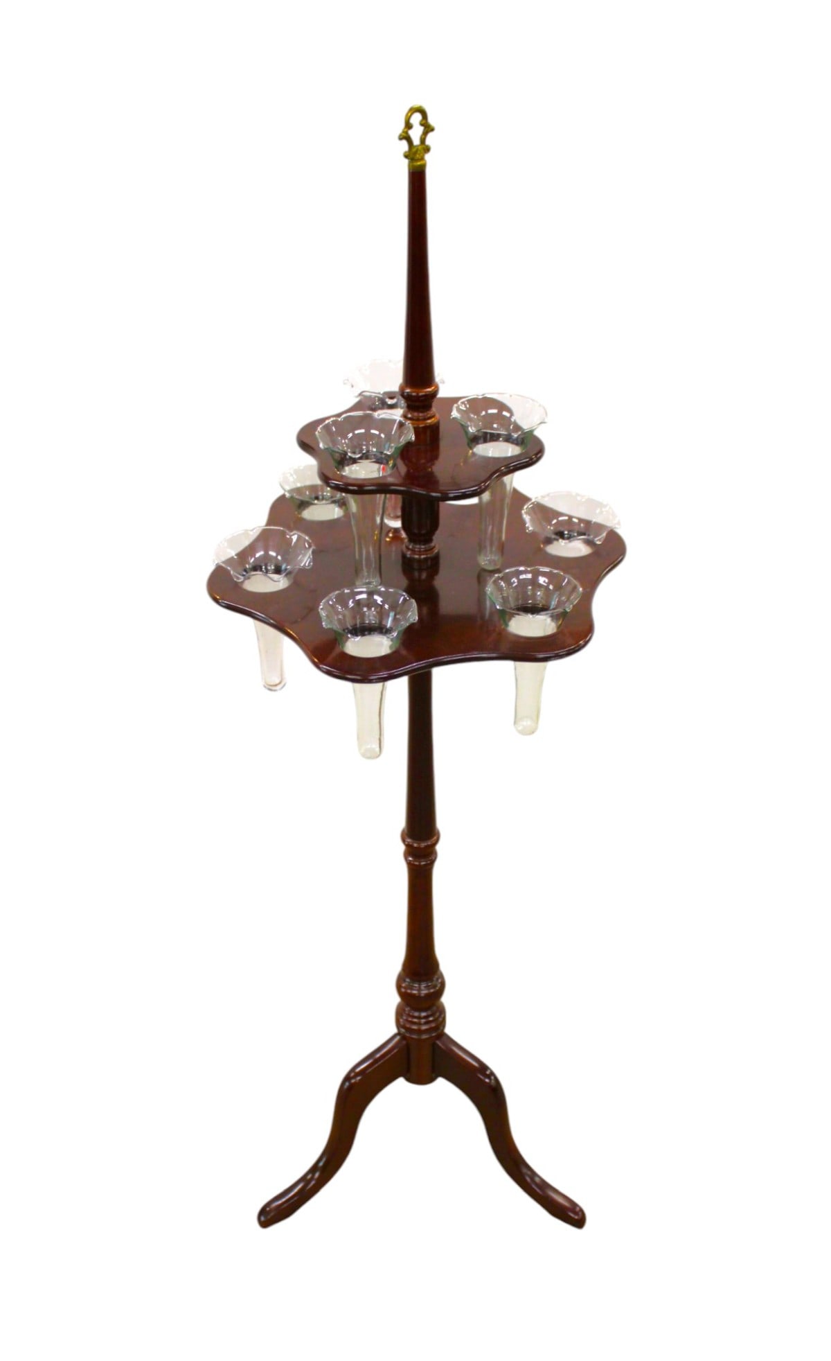 Bombay Co. mahogany 2-tier 9 bud epergne table 48"h x 16" diameter: Bombay Furniture Co. 9 bud epergne bud vase table with 3 extra glass bud vases. Structurally sound and in good condition, no noticeable issues seen. 48"h x 16" diameter