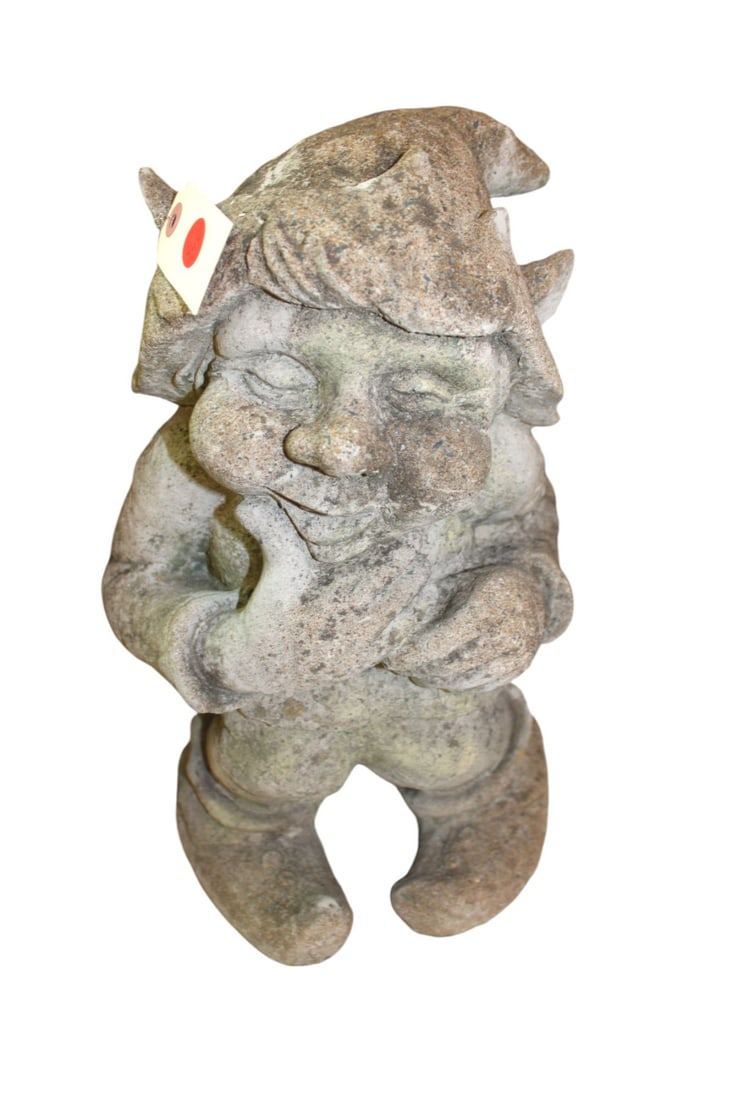 Vintage garden gnome signed ESCHBACH concrete/concrete 17"h x 12" diameter (1 of 3)