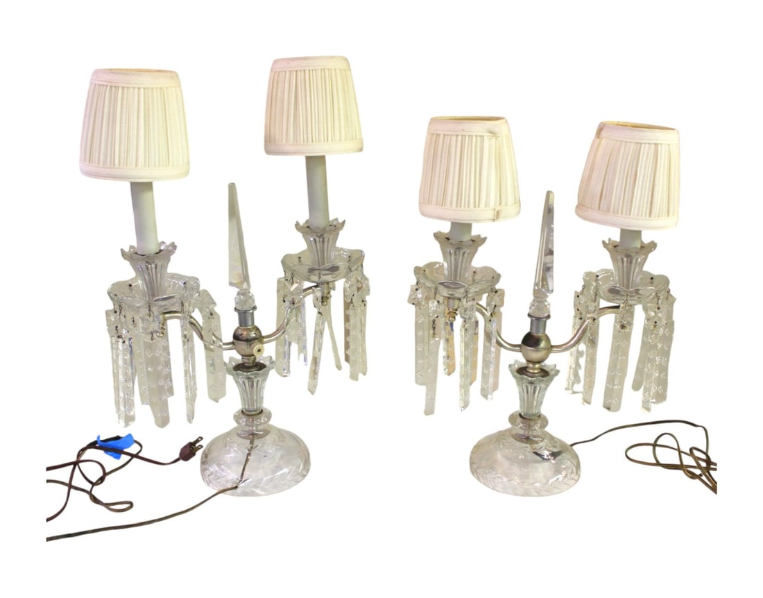 Pair antique cut to clear double burner prism lamps with shades 19"h x 13"w x 4"d: Pair of antique cut to clear double burner prism lamps with shades. Some prisms are missing. Structurally sound. 19"h x 13"w x 4"d