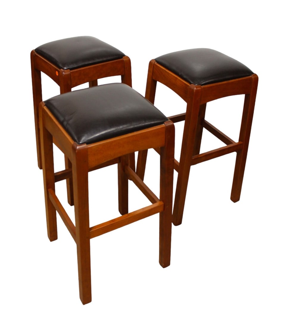 Set of 3 Stickley solid cherry stools with leather seats (1 of 5)