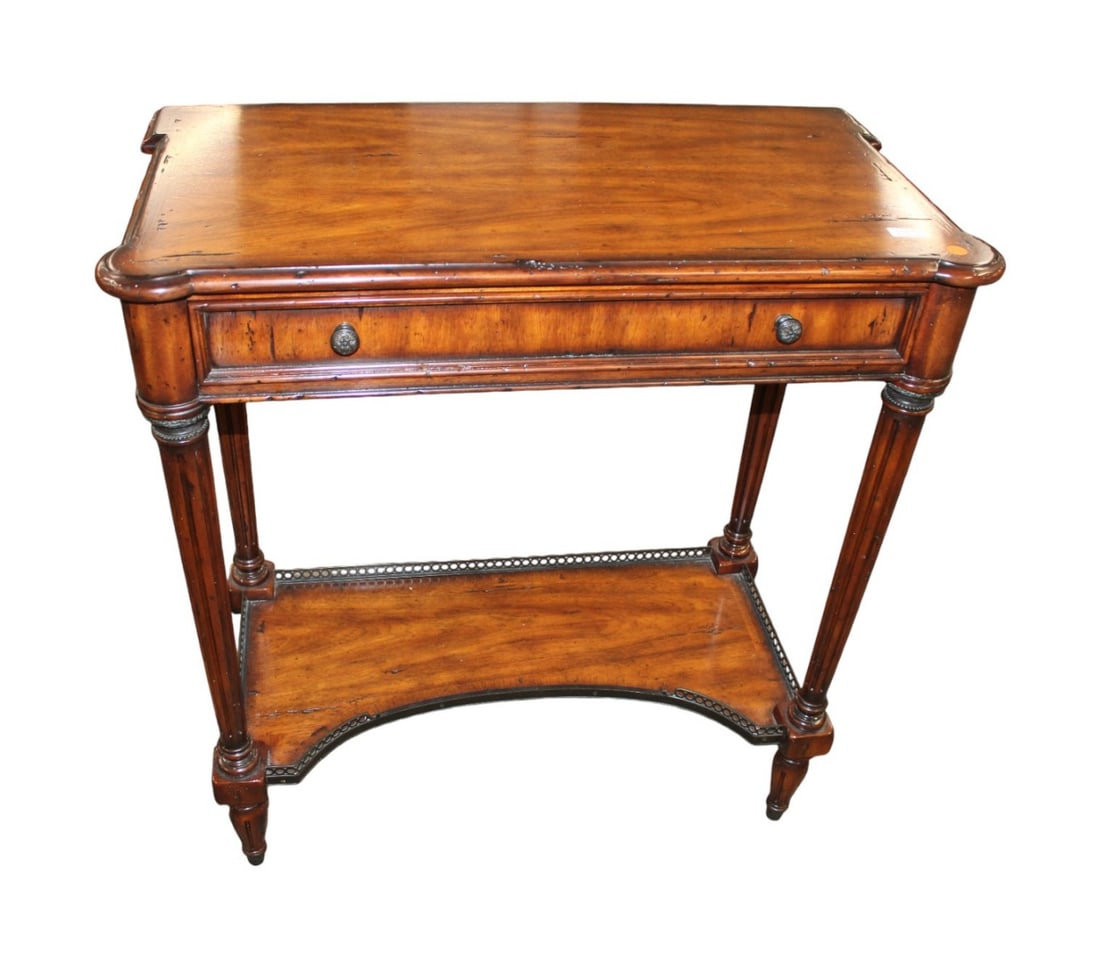 Theodore Alexander 1 drawer console in distressed mahogany finish: Theodore Alexander 1 drawer console in distressed mahogany finish, structurally sound and in like new condition. 34"h x 32"l x 17"d