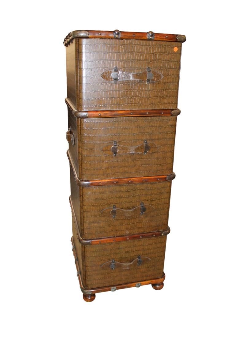 Theodore Alexander trunk style 4 drawer chest, alligator leather wrap & leather handle pulls (1 of 7)