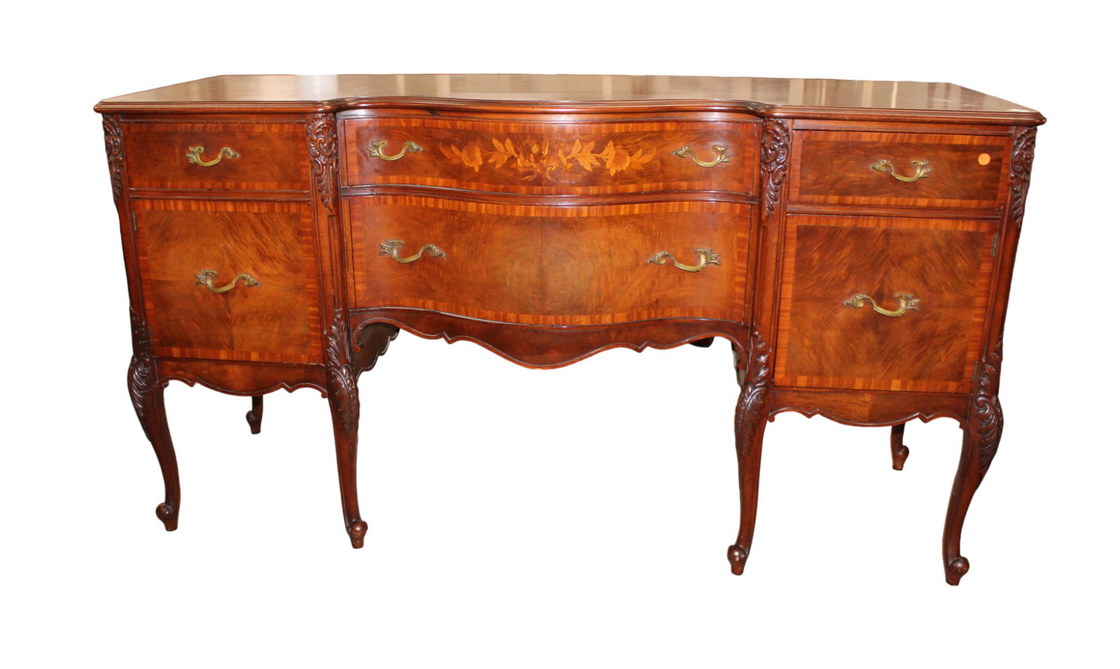 Antique french inlaid satinwood & mahogany buffet: Antique French style 4 drawer 2 door inlaid buffet in mahogany and satinwood. Structurally sound and in good condition with original finish. 37"h x 68"l x 23"d