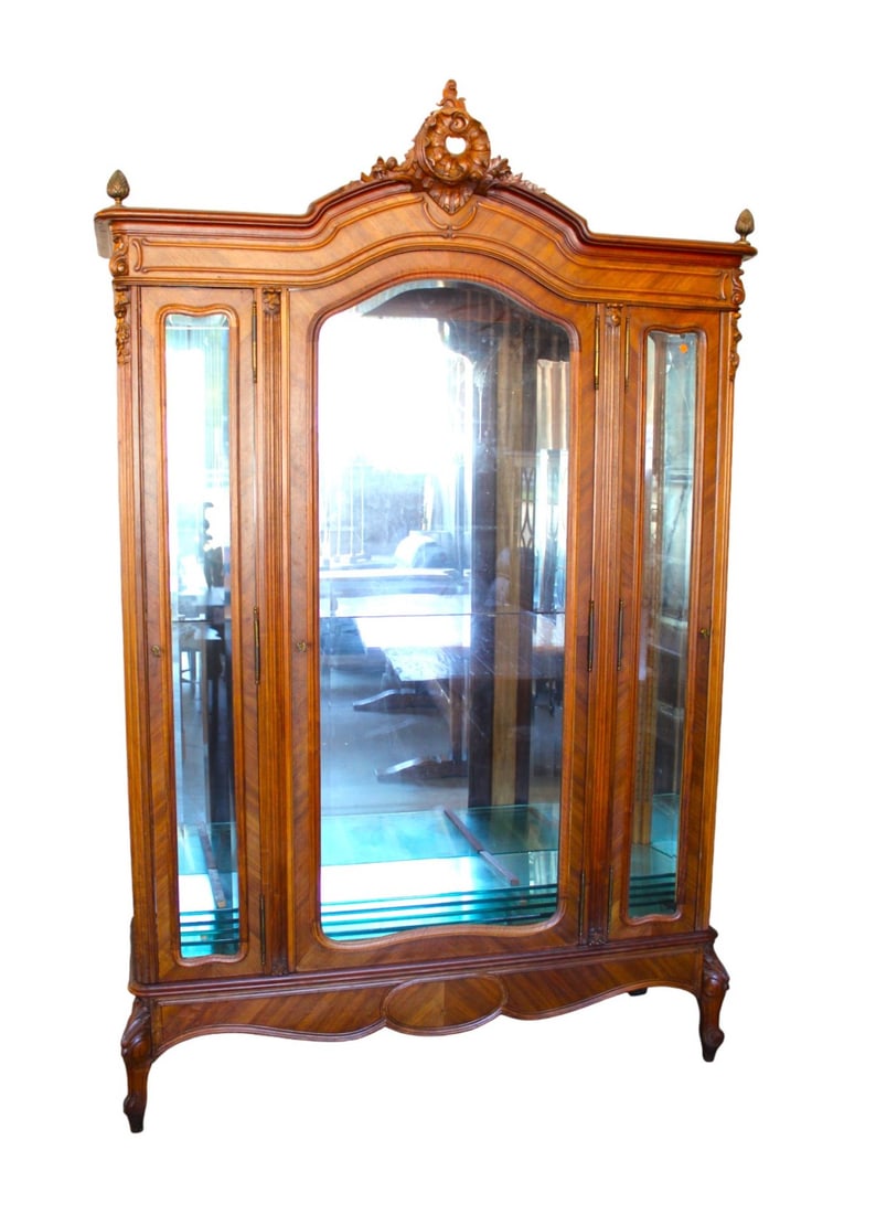 Beautiful LARGE antique walnut french mirror back display case with keys (1 of 9)