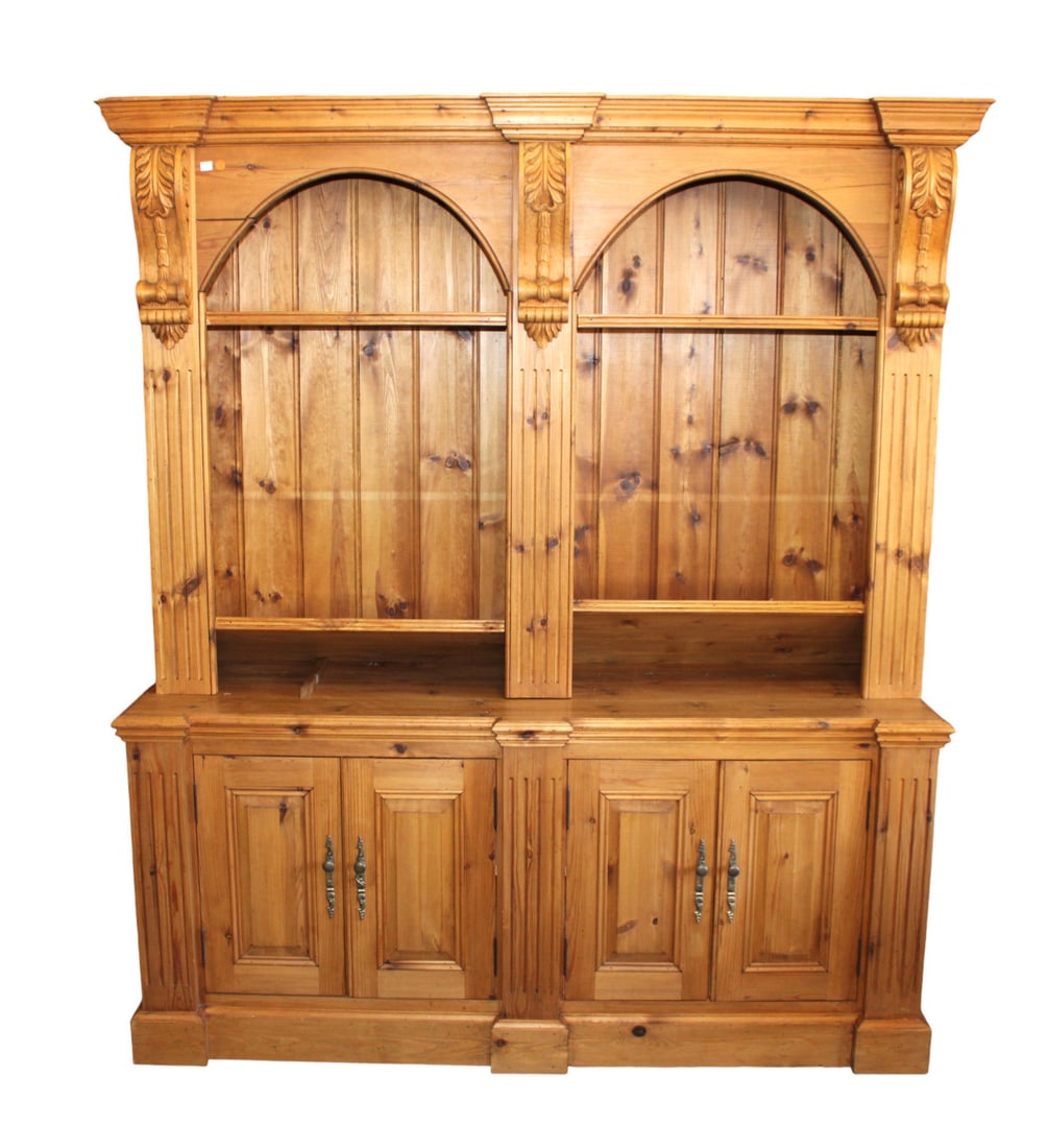Country knotty pine open front bookcase, fluted columns, corinthian tops (1 of 6)