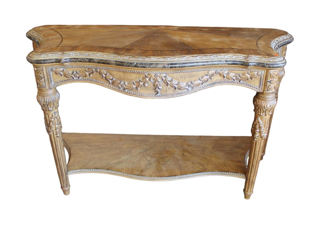 Fancy carved and inlaid console table, walnut, marble edged trim (1 of 6)